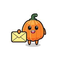 cartoon illustration of pumpkin holding a yellow letter vector