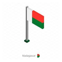 bandera de madagascar en asta de bandera en dimensión isométrica. vector