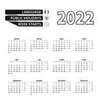 calendario 2022 en francés, la semana comienza el lunes. vector