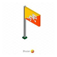 bandera de bután en asta de bandera en dimensión isométrica. vector