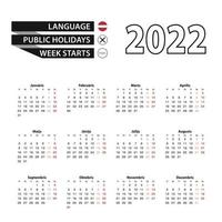 Calendar 2022 in Latvian language, week starts on Monday. vector