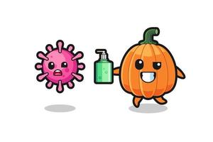 ilustración del personaje de calabaza persiguiendo virus malvados con desinfectante de manos vector