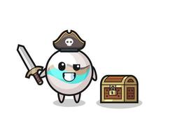 el personaje pirata de juguete de mármol sosteniendo una espada al lado de una caja del tesoro