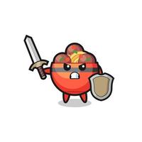 cute meatball bowl soldier fighting with sword and shield vector