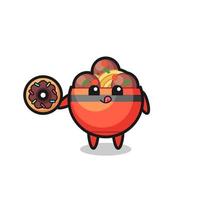 illustration of an meatball bowl character eating a doughnut vector