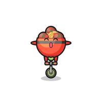 The cute meatball bowl character is riding a circus bike vector
