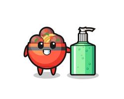 cute meatball bowl cartoon with hand sanitizer vector