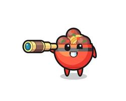 cute meatball bowl character is holding an old telescope vector