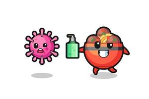 illustration of meatball bowl character chasing evil virus with hand sanitizer vector