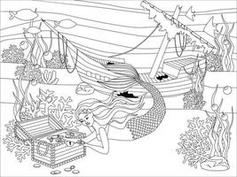 Mermaid, wrecked ship, and underwater treasure. Black and white vector illustration for coloring book