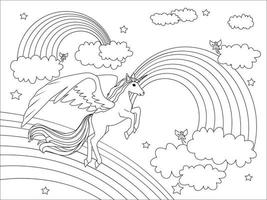 Beautiful unicorn flying on clouds. Black and white vector illustration for coloring book