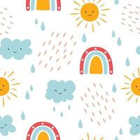 Children seamless pattern with rainbows, sun, and clouds for fabrics, clothing, holidays, packaging paper, decoration. Vector illustration.