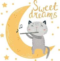 Dulces sueños desean un texto de bebé lindo gato con flauta sentado en la luna. cartel de frase corta positiva vector