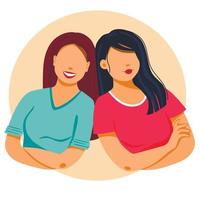 Two beautiful women stand together. Concept of sisterhood and females friendship. Vector illustration