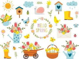 Set of garden spring cartoon design elements. Vector illustration.