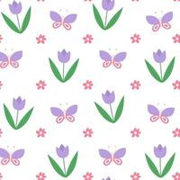 Seamless floral pattern, spring backdrop.Hand drawn pattern design with flowers and butterfly on a white background. vector