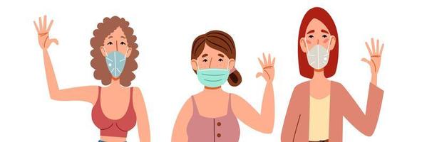 Fashionable women in medical masks say hello. vector