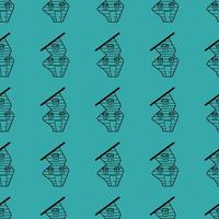 Seamless vector pattern of contour houses in doodle style on a green background.