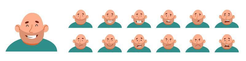 A set of different emotions of a bald man. vector