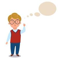 A boy in a school uniform and glasses. The child is thinking about some idea. vector