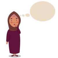 A girl in a hijab stands with a finger at her mouth. The child is thinking about an idea. vector