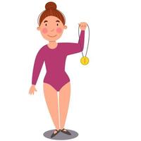 The winning girl with a medal in his hand. Childrenes sports victory. vector