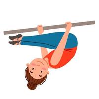 Childrenes sports gymnastics. The girl is hanging on the crossbar in the bend position. vector