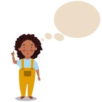 A dark-skinned girl with dreadlocks in a jumpsuit. The child is thinking about some idea. vector