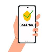 teléfono inteligente en la mano. Autenticación de dos factores. un mensaje con un código. vector