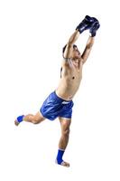 Thai boxer with thai boxing action, isolated on white background photo