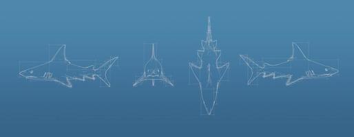 modelo de malla de blueprint 3d de tiburón sobre un fondo azul. renderizado de estilo libre ortográfico y perspectiva de vista frontal, renderizado 3d