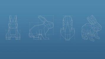 Rabbit 3d blueprint mesh model  on a blue background. Front view orthographic  and perspective free style render, 3d rendering photo