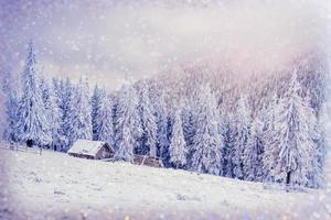 chalets in the mountains at sunset. Winter greetings photo