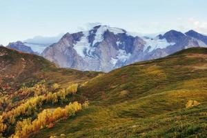 Autumn landscape and snowy mountain peaks. View of the photo