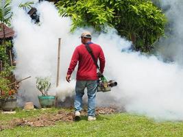 joven trabajador está trabajando empañando para eliminar los mosquitos foto