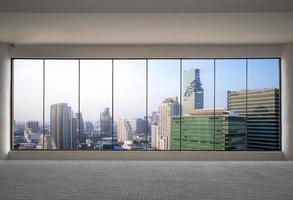 Front view skyscraper modern interior with city view from empty office photo