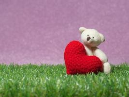 Teddy bear holding a handmade red heart on green grass background is royal pink.Copy space for text, Valentines day, love concept and love background photo