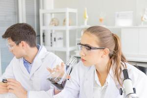 Male and female scientists working in a science laboratory with various equipment in the laboratory. photo