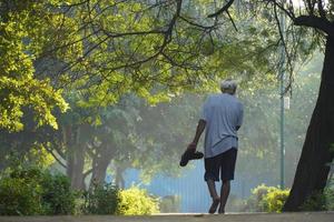 Old man goes alone through the park photo