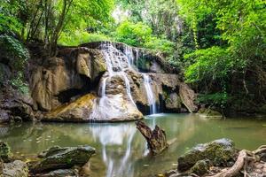 Waterfall cliff with log in rainforest photo