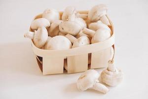 Champignon mushrooms in a wicker basket on a white background photo