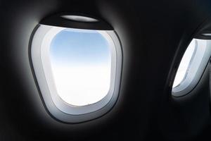 Airplane window view to cloudy sky and earth. Beautiful landscape from aircraft cabin. Flying without fear of flying, incidents and turbulence. photo