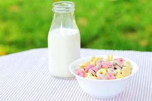 Bowls with different sorts of breakfast cereal products, white bowls with morning meal photo