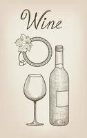 juego de bebidas de vino. pancarta del menú de la barra de café. copa de vino, botella, letras. fondo de tarjeta de vino vector