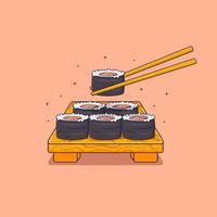 Maki roll with salmon fish on chopsticks Illustration