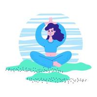 mujer joven practica yoga en la naturaleza. una chica en posición de loto hace un asana el saludo al sol en un parque rodeado de arbustos y hierba. persona dibujado a mano vector ilustración de dibujos animados plana