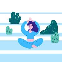 mujer joven practica yoga en la naturaleza. una chica en posición de loto hace un asana el saludo al sol en un parque rodeado de arbustos y hierba. persona dibujado a mano vector ilustración de dibujos animados plana