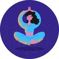 Levitation. A young woman is doing yoga and meditating. A girl in a lotus position makes an asana salutation to the sun and levitates. Person hand drawn vector Flat cartoon illustration