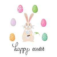 Happy Easter illustration with a bunny painting eggs. Cute illustration  for Easter. For cards, posters, invitations, advertisements. vector