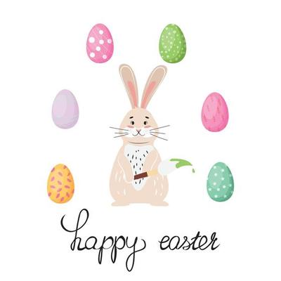 Happy Easter illustration with a bunny painting eggs. Cute illustration  for Easter. For cards, posters, invitations, advertisements.